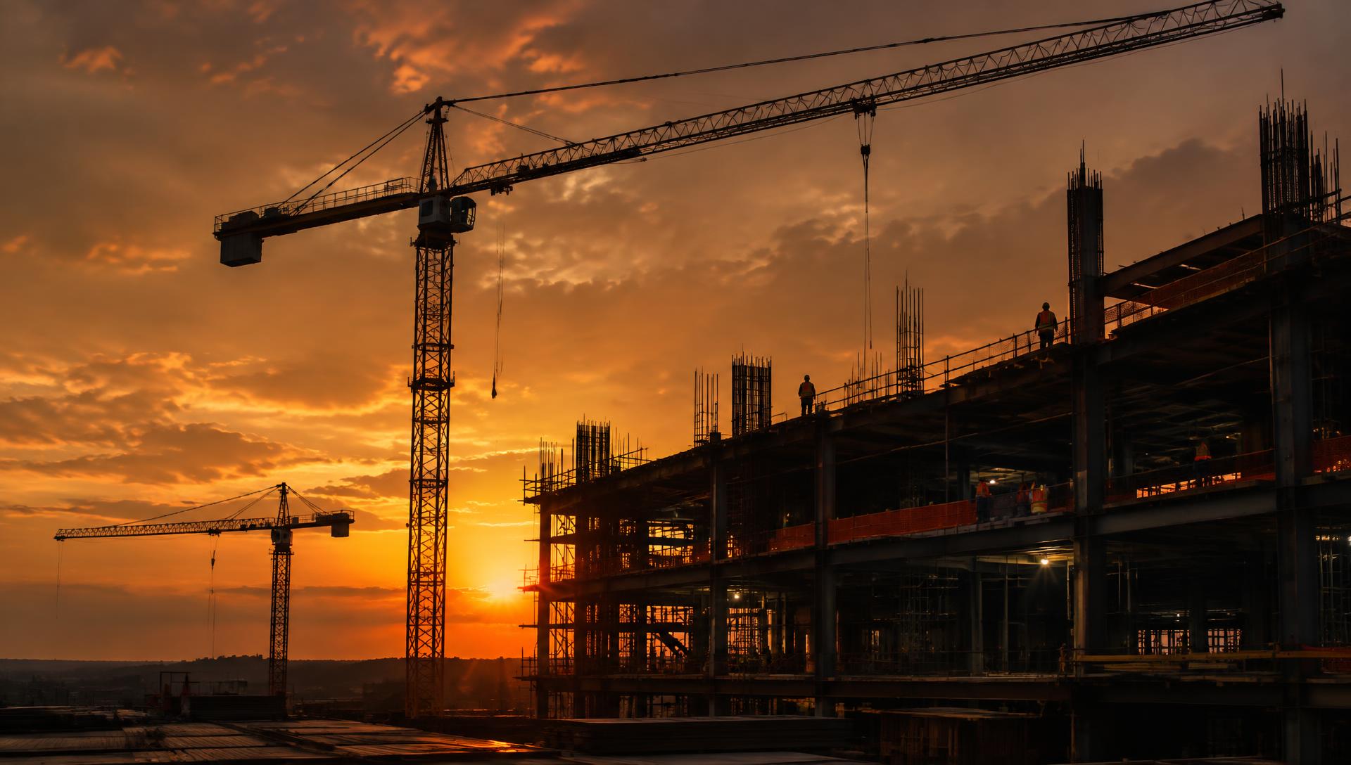Construction site with cranes at sunset